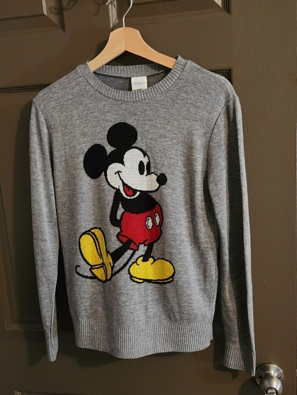 Disney Gray Crewneck Sweater with Mickey Graphic and Red & Yellow Accents